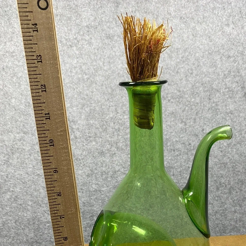 Vintage Green Hand Blown Glass Wine Decanter Porron with Ice Chamber and Stopper